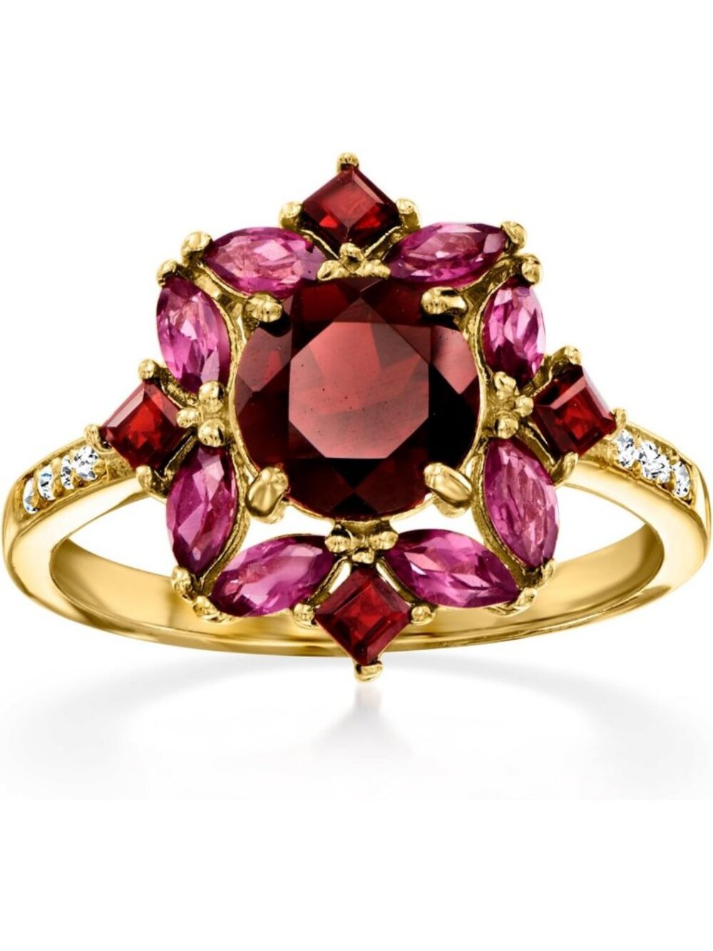 Stunning Garnet & Rhodolite Garnet Ring with White Topaz in 18kt Gold Over